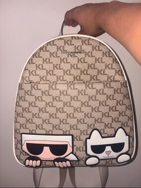 Karl Lagerfeld Beige Logo Backpack with Pink & White Cartoon Patches